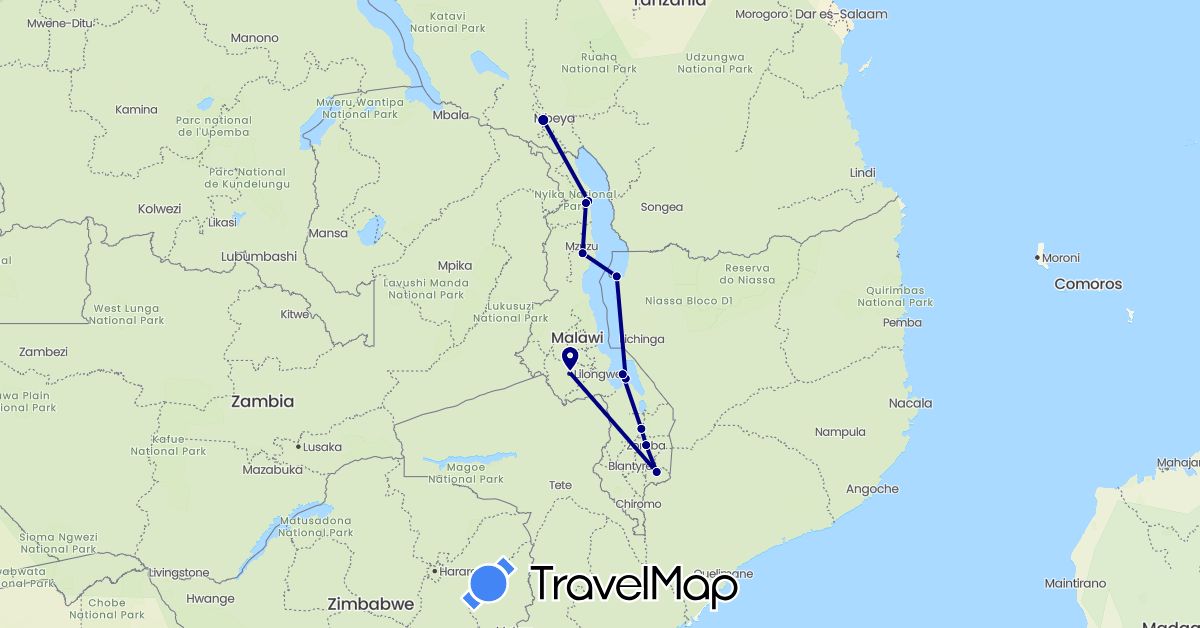 TravelMap itinerary: driving in Malawi, Tanzania (Africa)