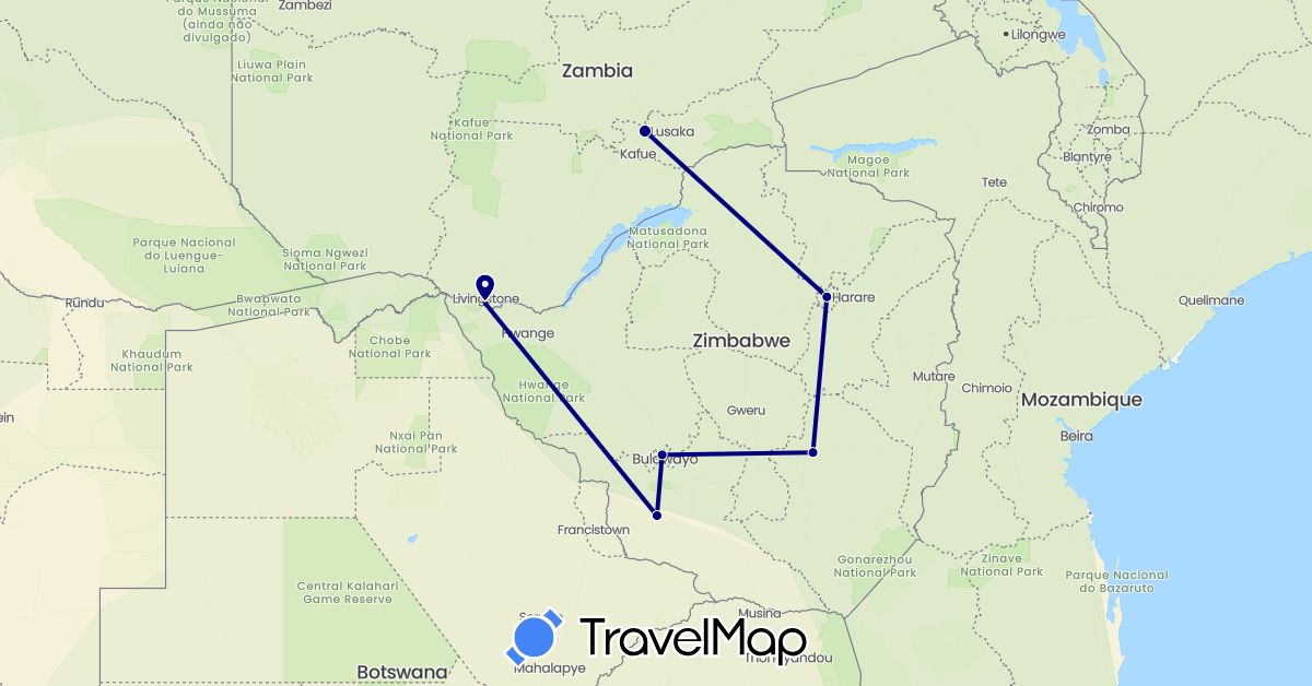 TravelMap itinerary: driving in Zambia, Zimbabwe (Africa)